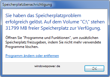 Ganz schnelle Festplattenspeicher freigeben unter Windows speicherplatzbenachrichtigung