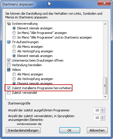 Windows 7: Keine Auflistung von neuen Programmen im Startmenü zuletzt-installierte-programme-hervorheben