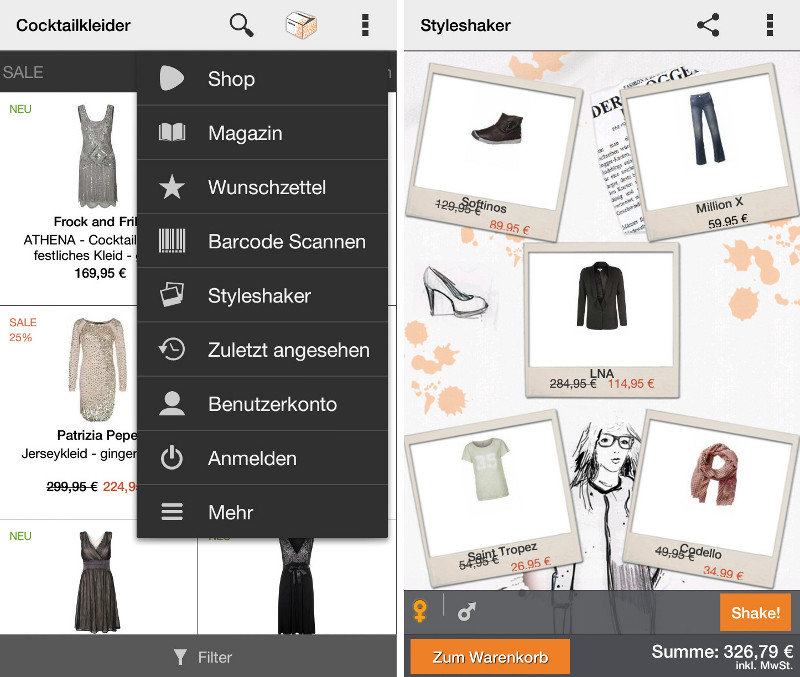 zalando-mobil_2 Die App wartet mit Zusatzfunktionen wie dem Styleshaker auf.