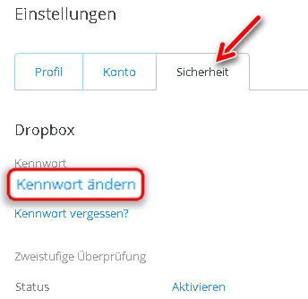 Dropbox kennwort passwort aendern