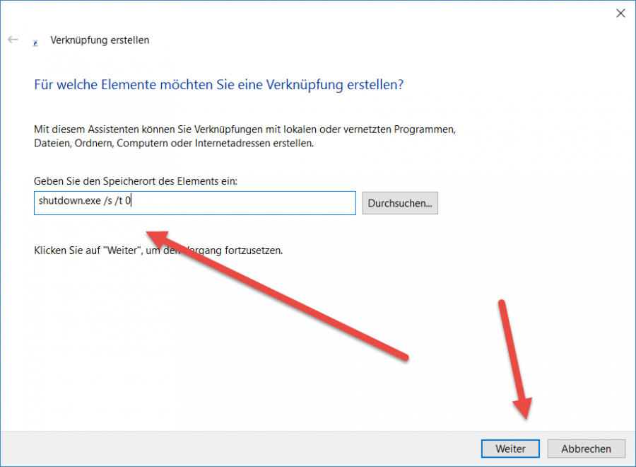 Windows 10 mit Desktop-Verknüpfung herunterfahren