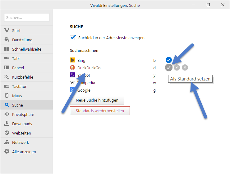 Vivaldi Browser Standardsuchmaschine