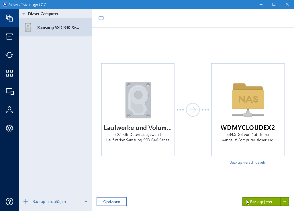 Acronis True Image 2017 Backup starten