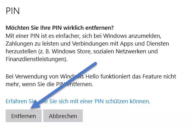Windows 10 PIN entfernen