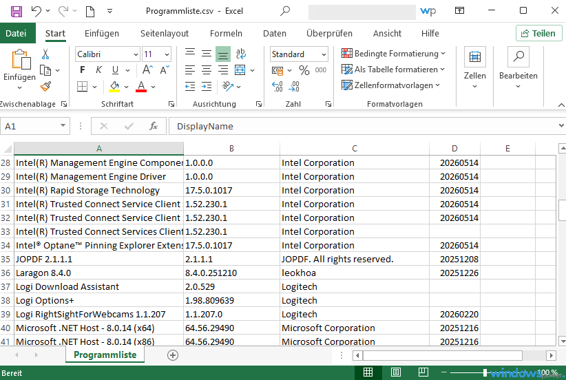 Excel mit geoeffneter CSV Datei nachdem die Liste installierter Programme erstellt wurde Excel mit geöffneter CSV Datei, nachdem die Liste installierter Programme erstellt wurde