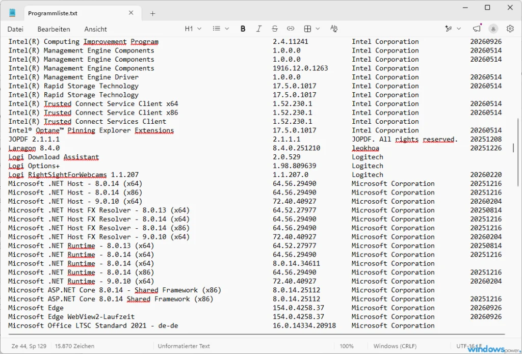 PowerShell Fenster mit Registry Befehl zum Erstellen einer Liste installierter Programme unter Windows 11 PowerShell Fenster mit Registry Befehl zum Erstellen einer Liste installierter Programme unter Windows 11