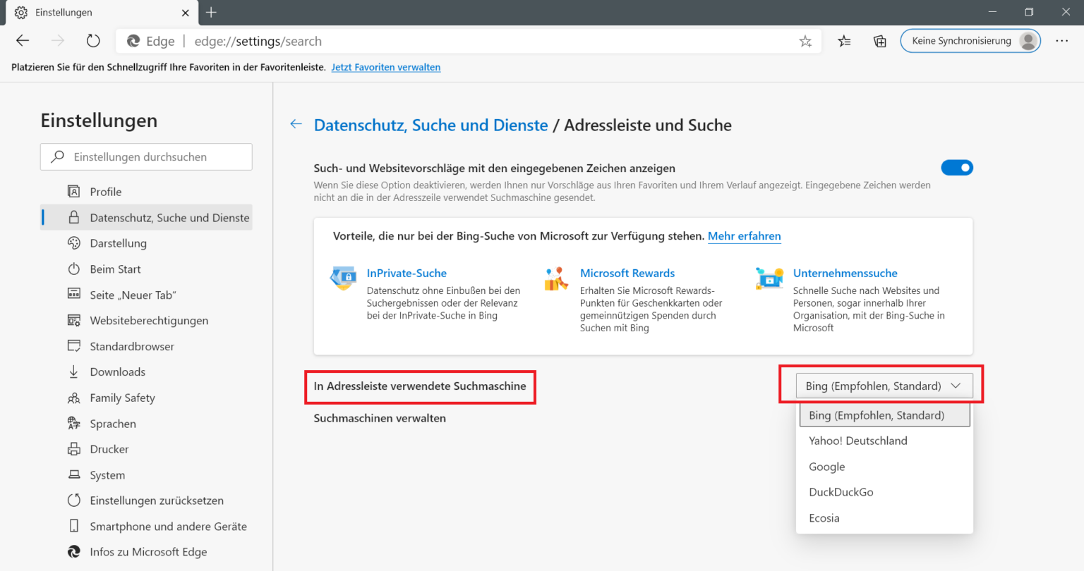 Microsoft Edge - Suchmaschine ändern