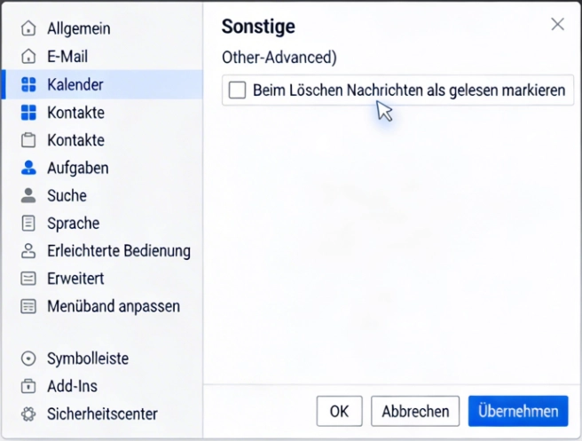 Outlook Optionen mit der Checkbox „Beim Loeschen Nachrichten als gelesen markieren22 im Bereich „Sonstige22 Outlook Optionen mit der Checkbox „Beim Löschen Nachrichten als gelesen markieren%22 im Bereich „Sonstige%22