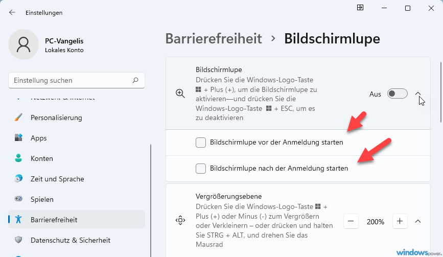 Bildschirmlupe aktivieren bei hochfahren Bildschirmlupe aktivieren bei hochfahren