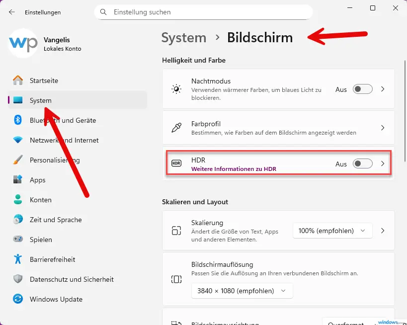 HDR aktivieren Windows 11