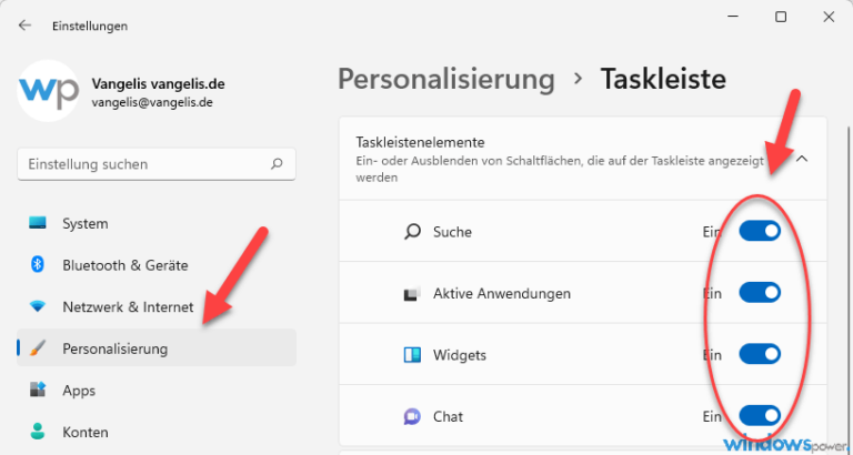 Windows 11: Symbole Taskleiste entfernen, Suche Widgets Chat