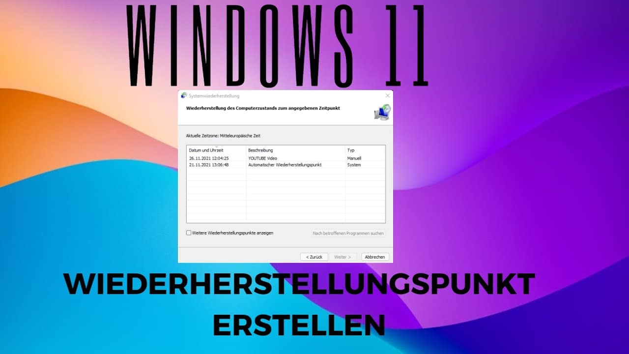 Windows 11 Wiederherstellungspunkt erstellen/Anzeigen lassen