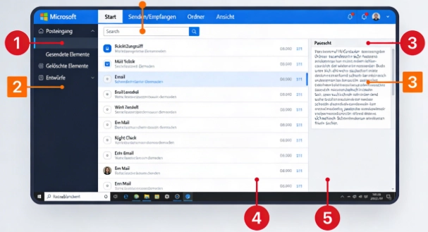 Outlook Tipps und Tricks Outlook Hauptfenster mit markierten Bereichen für die versteckten Funktionen