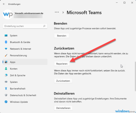 apps und programme reparieren