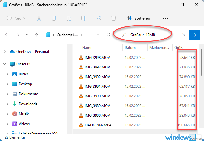 Dateien ab eine gewisse Groesse suchen unter Windows 11