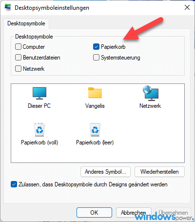 Desktopsymboleinstellungen Desktopsymboleinstellungen Dateien sofort löschen (nicht in Papierkorb verschieben)