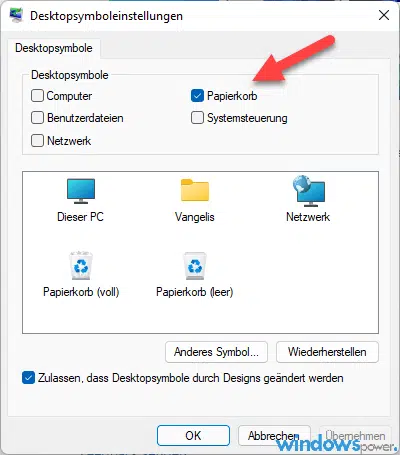 Desktopsymboleinstellungen Dateien sofort löschen (nicht in Papierkorb verschieben)