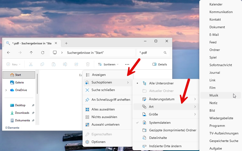 Suchoptionen Menü im Explorer mit den Filteroptionen Art, Größe und Änderungsdatum