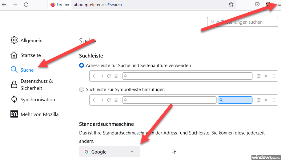Standardsuchmaschine Google bei Standardsuchmaschine Google bei firefox