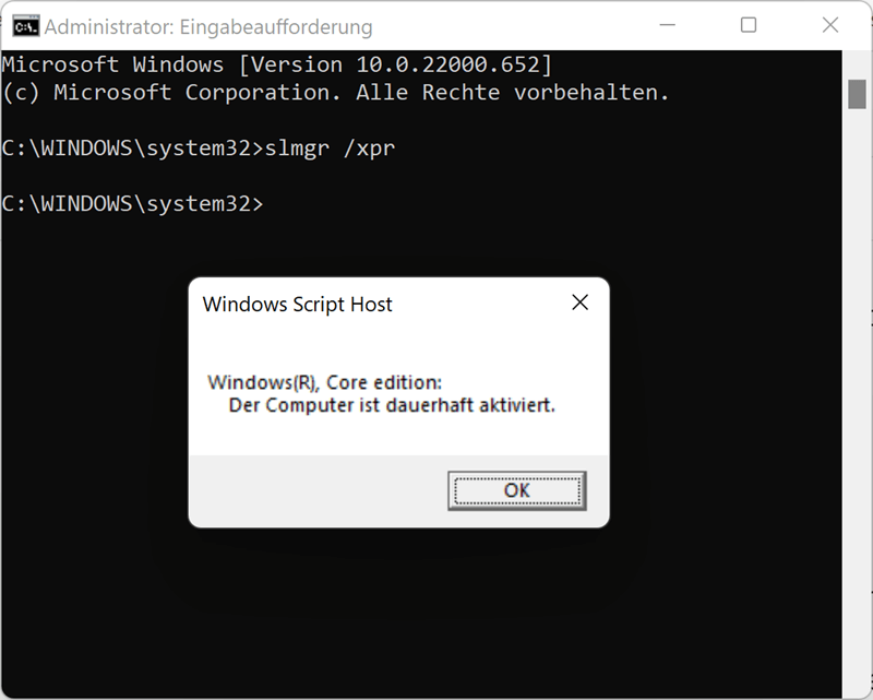 Windows 11 aktiviert  - der computer ist dauerhaft aktiviert
