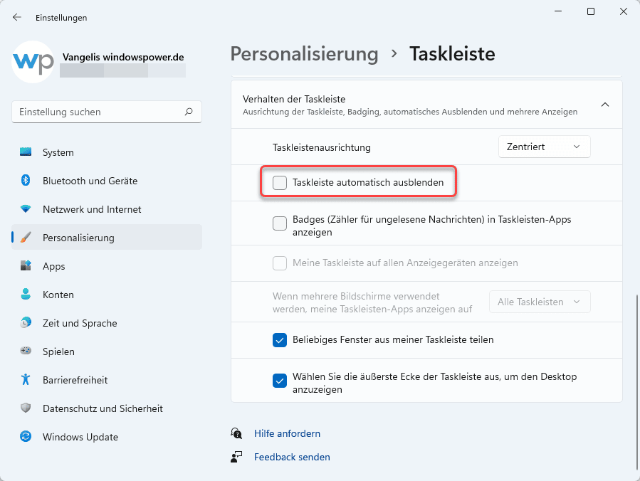 taskleiste ausblenden