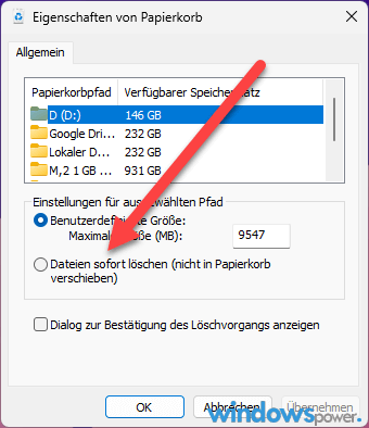 Dateien sofort loeschen nicht in Papierkorb verschieben
