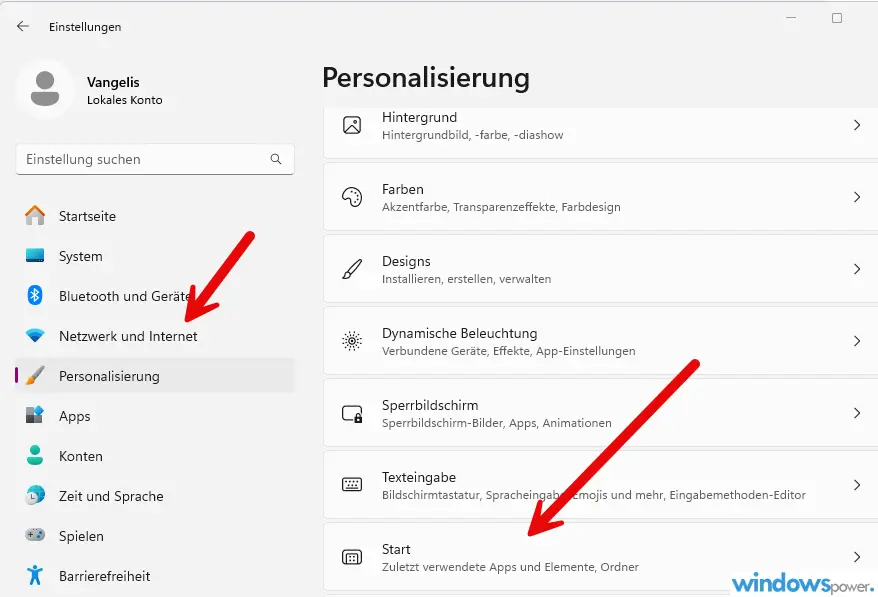 Ordner im Startmenü neben