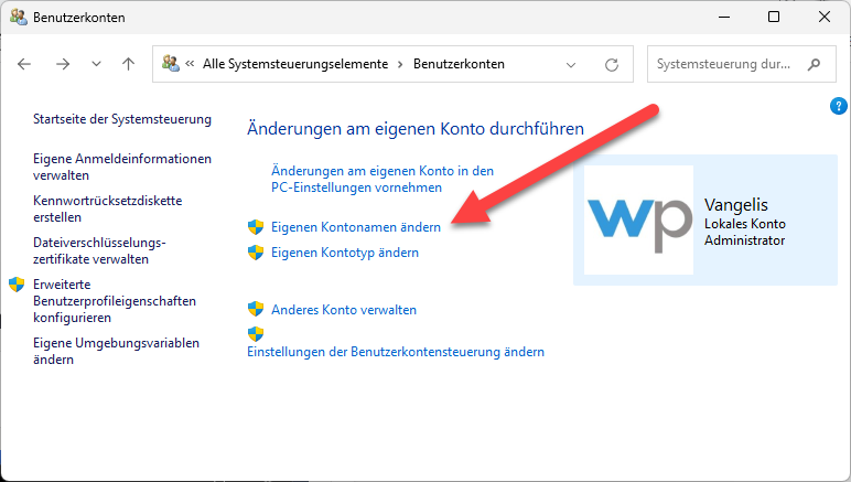Aendern Sie den Kontonamen ueber die Systemsteuerung