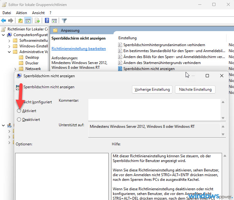 Sperrbildschirm bei Windows 11 deaktivieren ueber die Gruppenrichtlinien