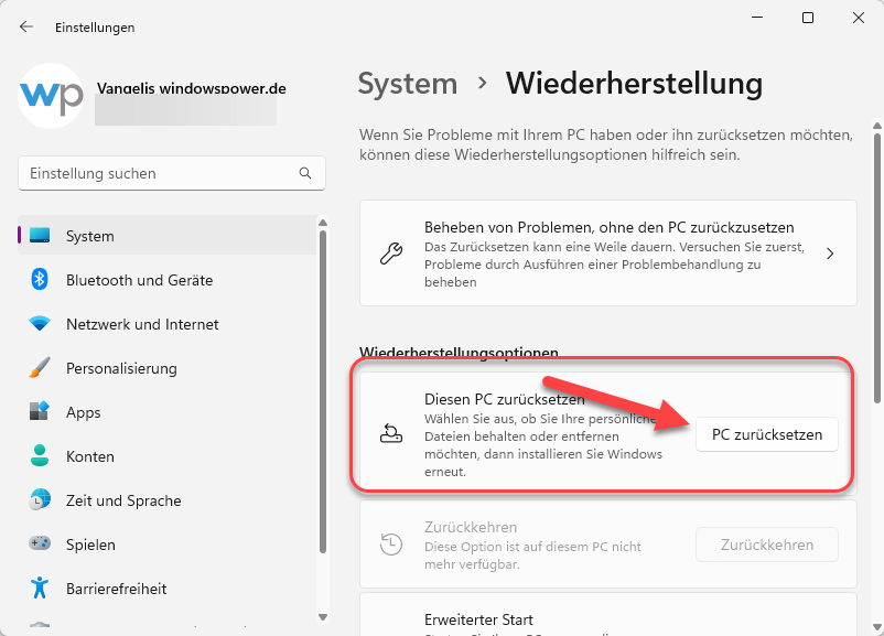 Windows 11 zurücksetzen für Verkauf - Werkseinstellungen 4 pc zurücksetzen