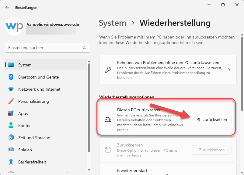 pc zurücksetzen