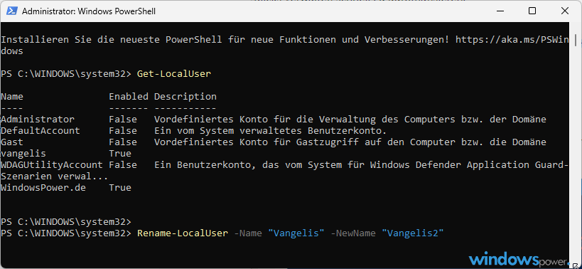 wingows 11 Benutzernamen ueber PowerShell