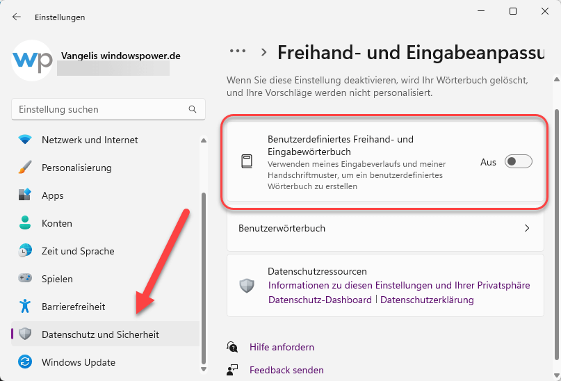 Benutzerdefiniertes Freihand und Eingabewoerterbuch