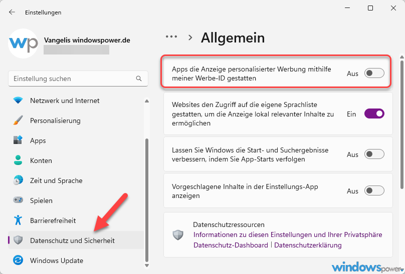 6 Windows-11-Einstellungen solltet ihr unbedingt anpassen 1 Personalisierte Werbung deaktivieren 2