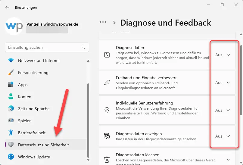 Windows 11 Diagnose und Feedback deaktivieren