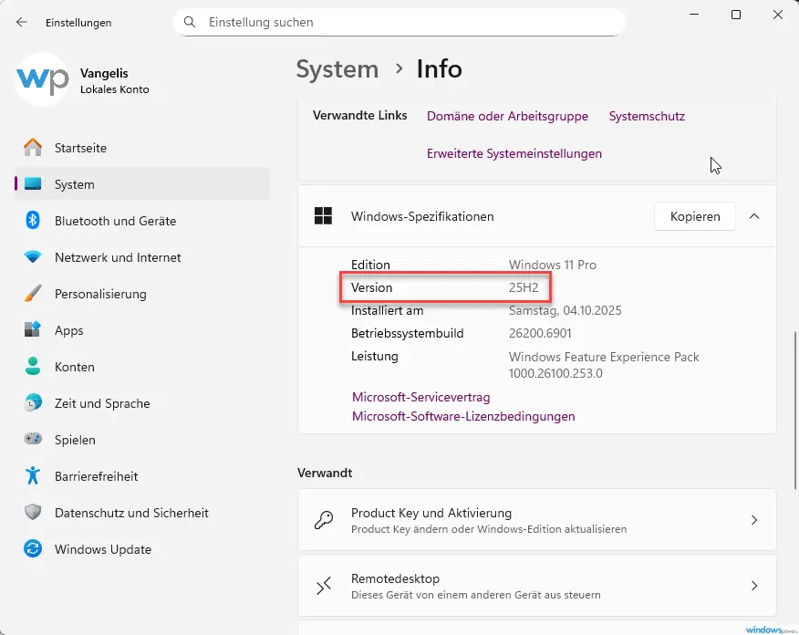 Windows Einstellungen System Info Bereich mit Versionsnummer und Build Details Windows Einstellungen System Info Bereich mit Versionsnummer und Build Details