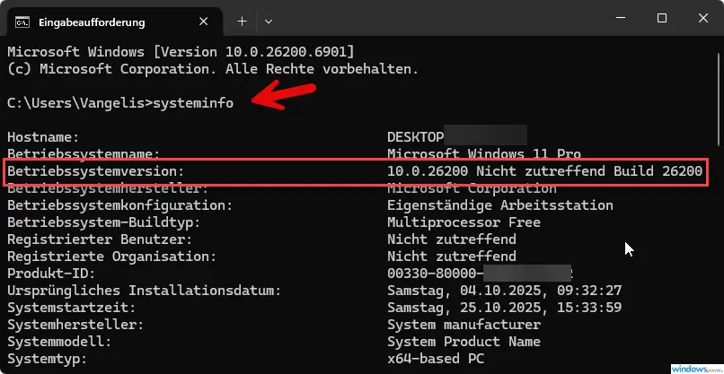 Windows Version ueber Eingabeaufforderung mit systeminfo Befehl ermitteln Windows Version über Eingabeaufforderung mit systeminfo Befehl ermitteln