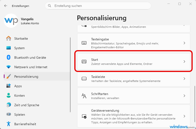Personalisierung start