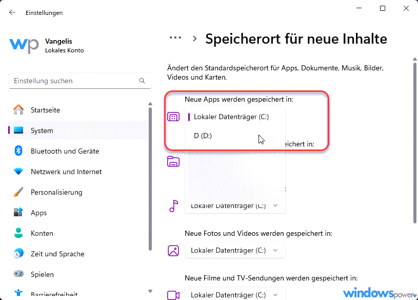 Standard Speicherort ändert für Apps und Dateien