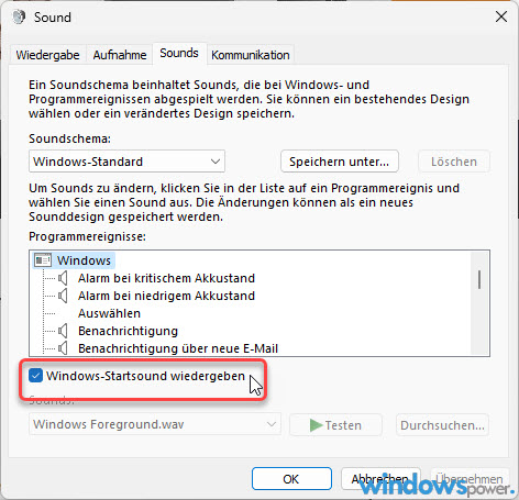 Startsound aktivieren deaktivieren ändern