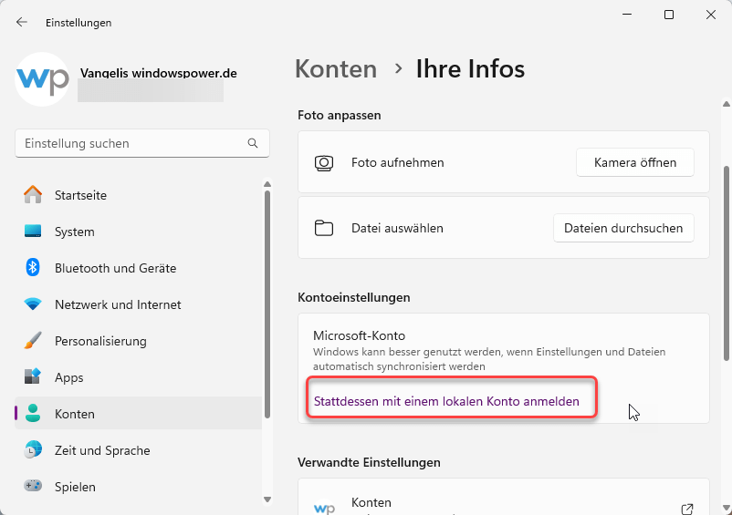 stattdessen mit einem lokalen konto anmelden Stattdessen mit einem lokalen Konto anmelden