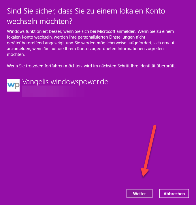 zu einem lokalen konto wechseln Zu einem lokalen Konto wechseln