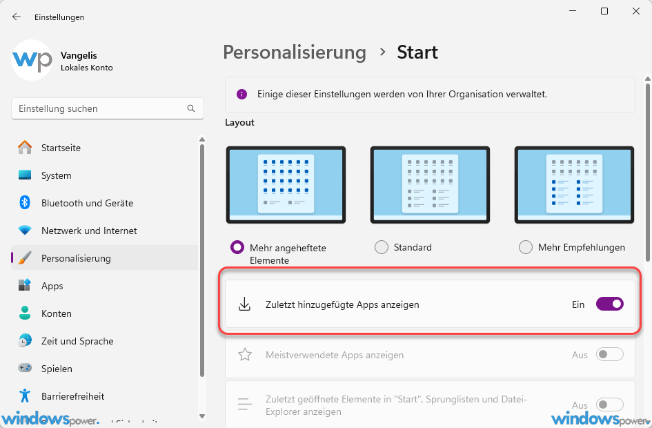 Programme und Apps unter Empfohlen im Startmenü ausblenden Zuletzt hinzugefügte Apps anzeigen