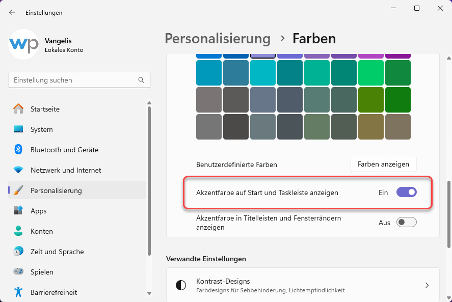 Akzentfarbe auf Start und Taskleiste anzeigen