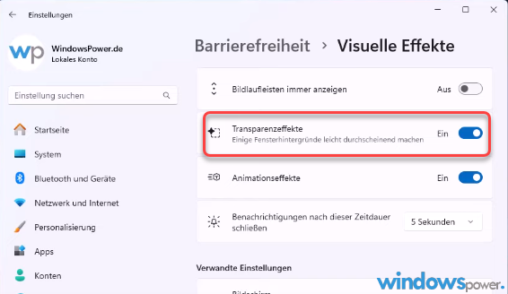 Transparenz Einstellungen windows 11