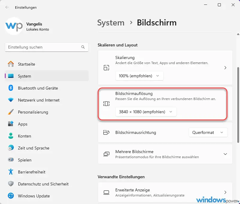 Bildschirmauflösung ändern bei Windows 11