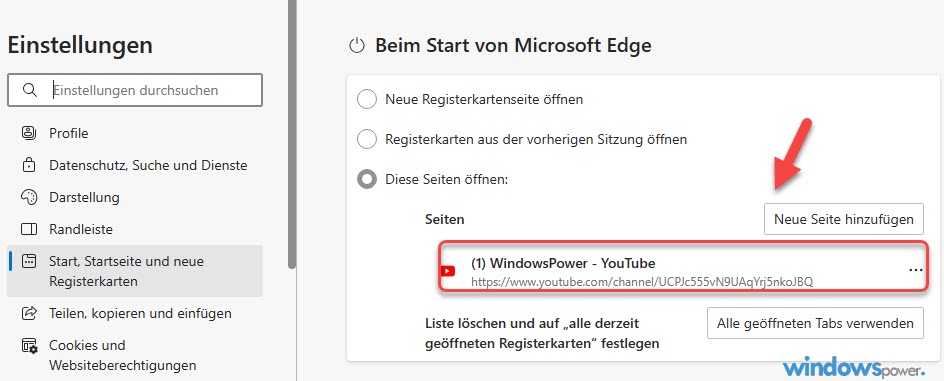 Edge Startseiten festlegen