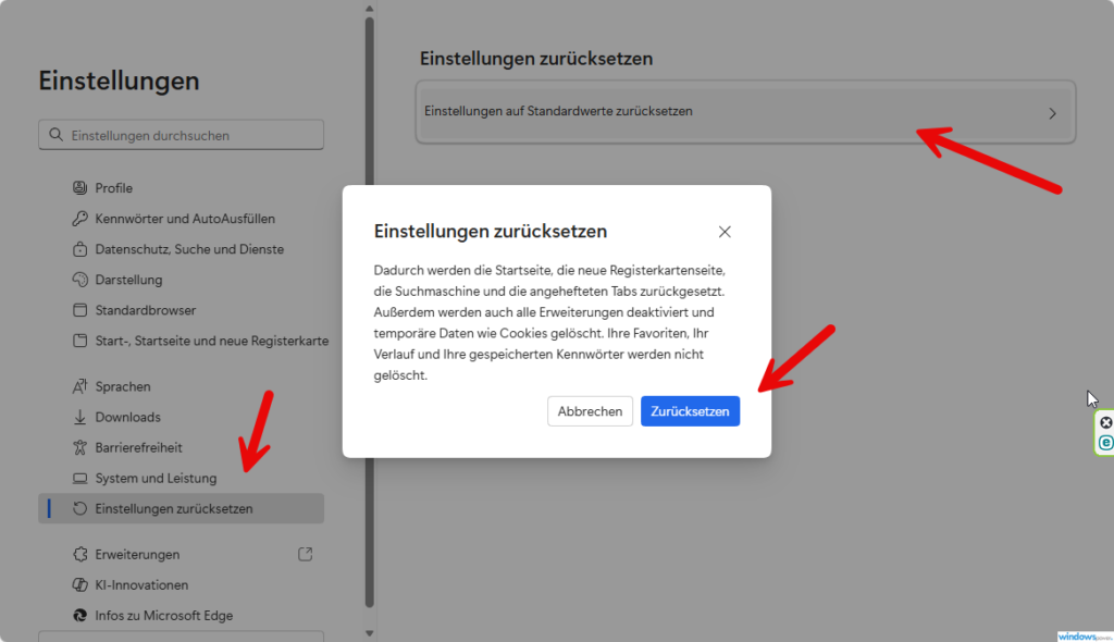Microsoft Edge zurücksetzen auf Werkseinstellungen