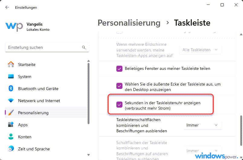 Sekunden in der Taskleiste anzeigen unter Windows 11