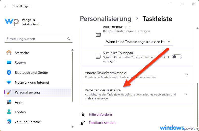 Verhalten der Taskleiste